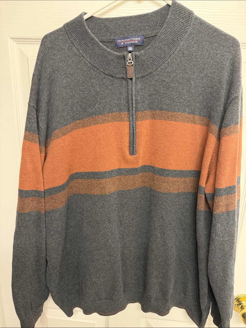 Roundtree & Yorke Gray Quarter-Zip Sweater with Rust and Tan Stripes